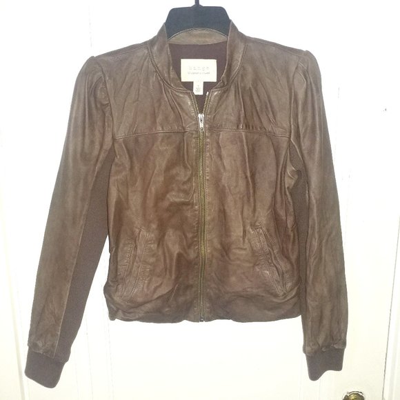 Hinge: Brown Genuine Leather Jacket With Knit Trim - Women's Size Small - Picture 5 of 15